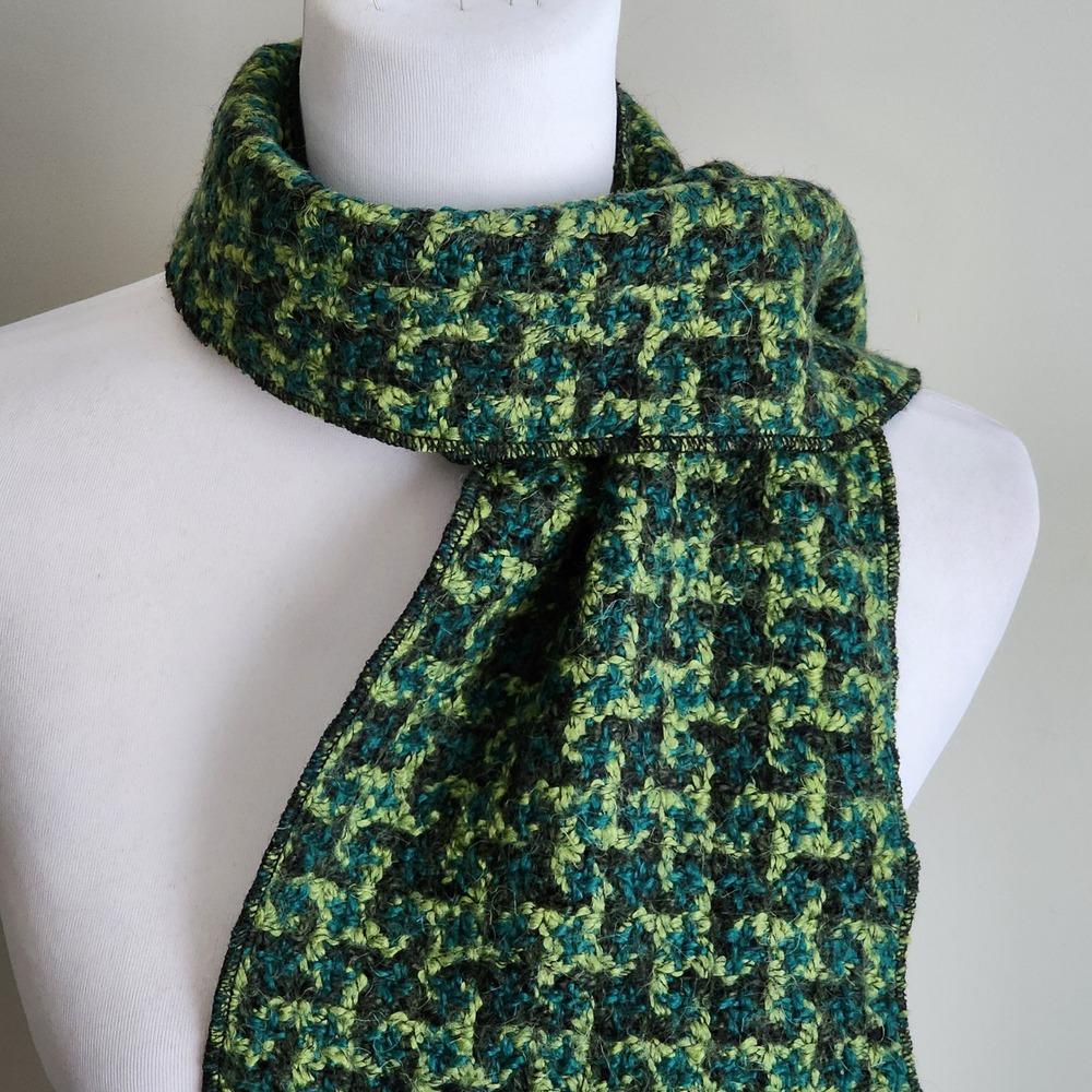 Handmade Knit Wool Scarf Green Blue Textured Fringe Made in Canada Earthy Forest